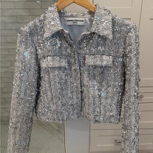 Amanda Uprichard Cropped Glittering Silver Blazer
